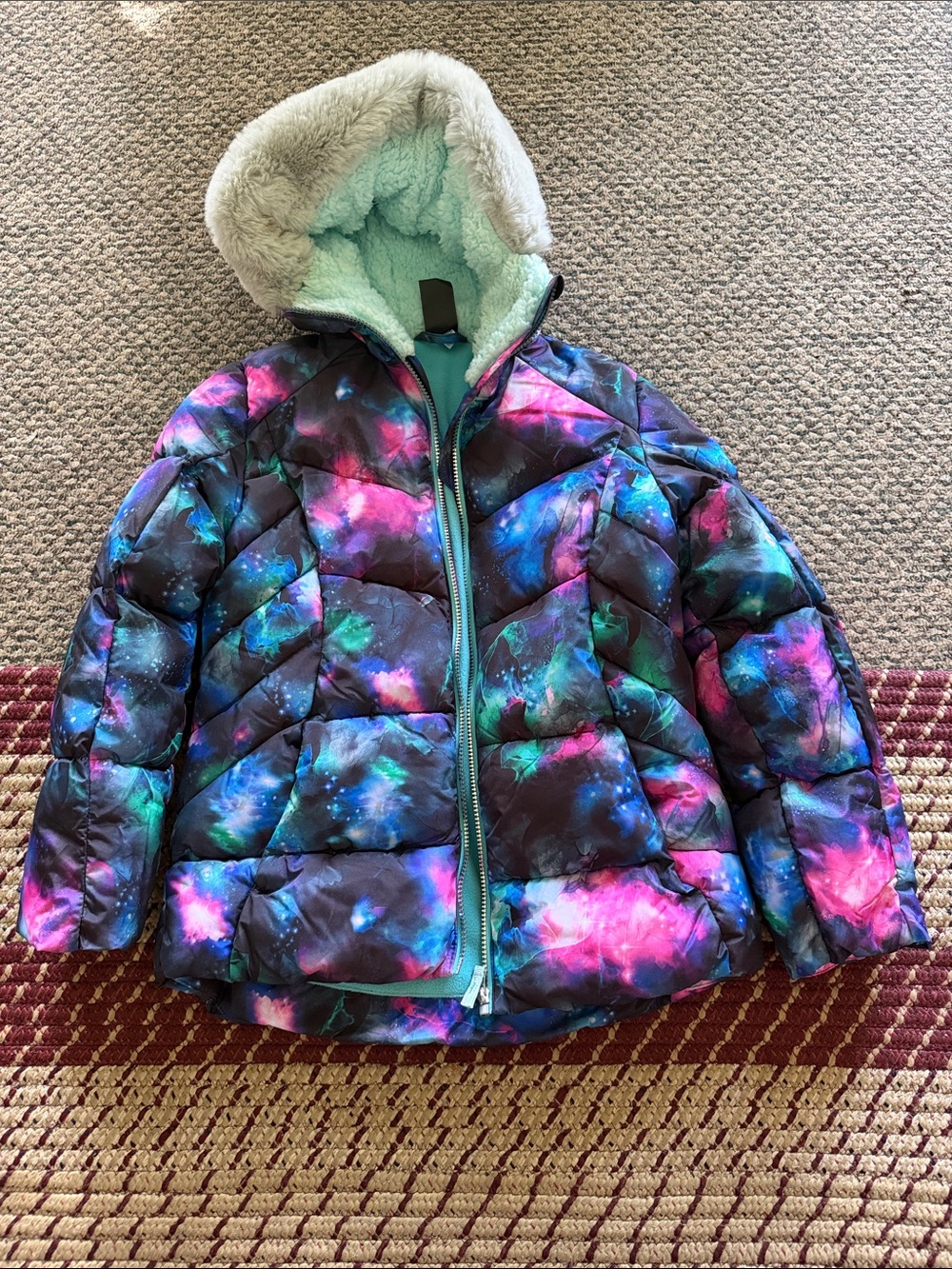 Girls' Galaxy Print Puffer Jacket with Faux Fur Hood - Teal Lining